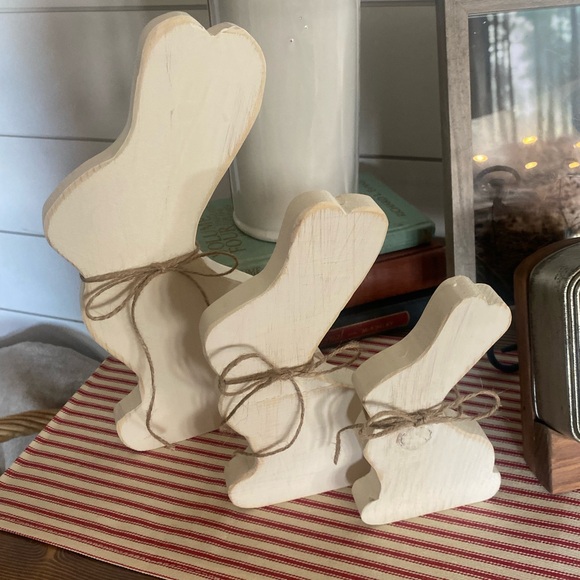 Other - Set of 3 Rustic Wooden Bunny Figures in Cream
